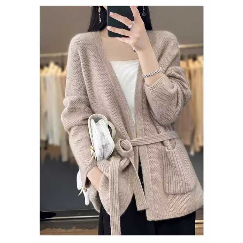 Damen bequeme Strickjacke mit Taillengürtel und Taschen Stilzeits