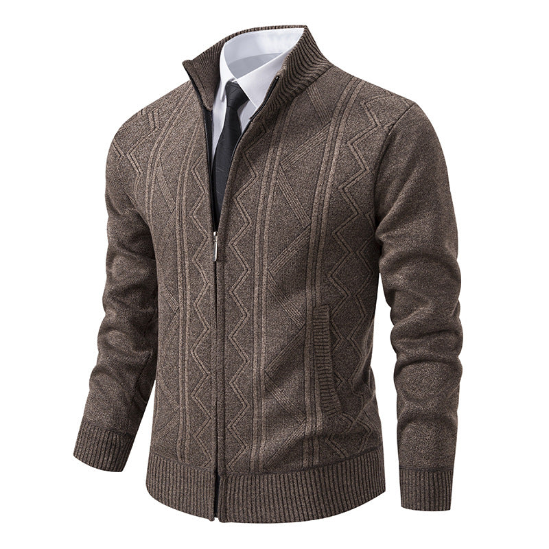 Herren elegante Strickjacke mit strukturiertem Zopfmuster und hohem Kragen Stilzeits
