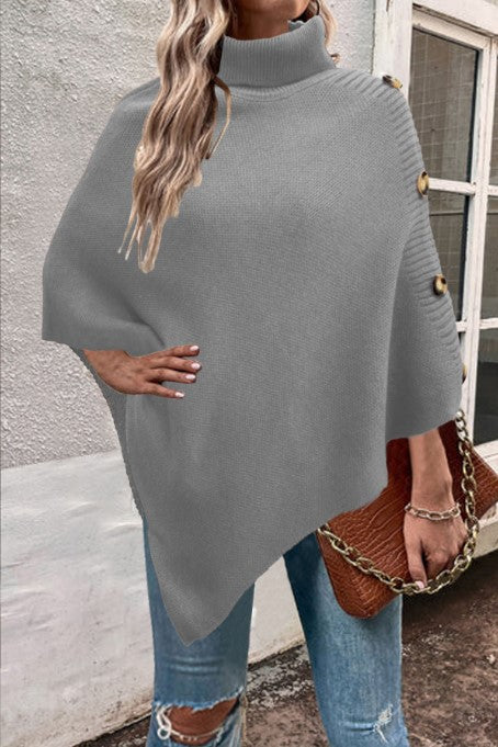 Damen Strick-Poncho mit hohem Kragen und Knopfdetails Stilzeits