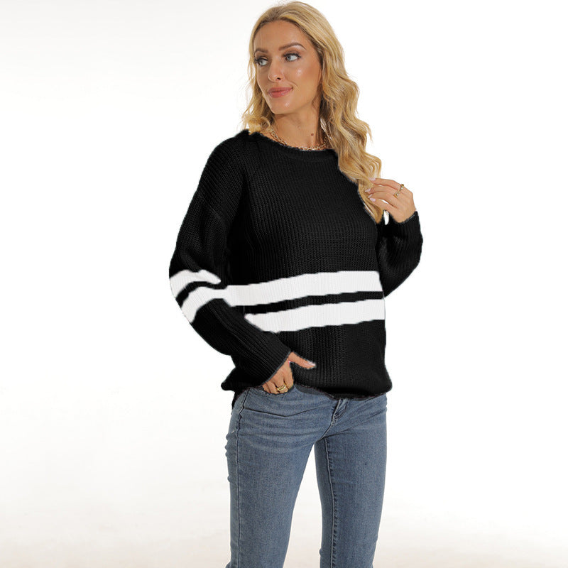 Damen Grobstrickpullover mit sportlichem Streifenmuster und lockerer Passform Stilzeits
