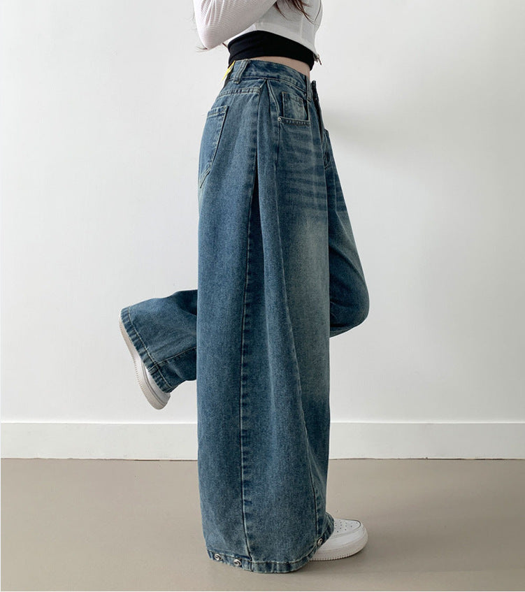 Damen Weite High-Waist Denim-Hose mit Faltenwurf Stilzeits