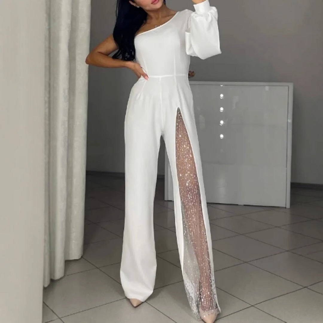 Asymmetrischer einseitiger Damen-Jumpsuit mit Paillettenpanel Stilzeits