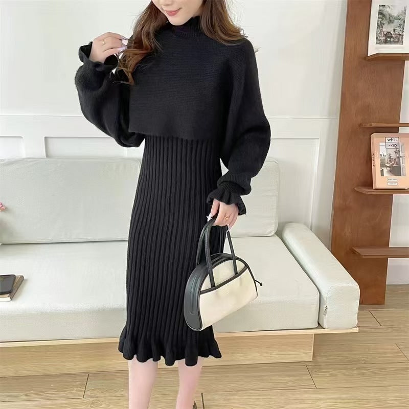 Damen Strickkleid mit hochgeschlossenem Kragen und Rippstruktur Stilzeits