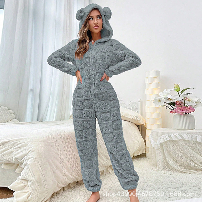 Damen Gemütlicher Fleece-Overall mit Kapuze Stilzeits