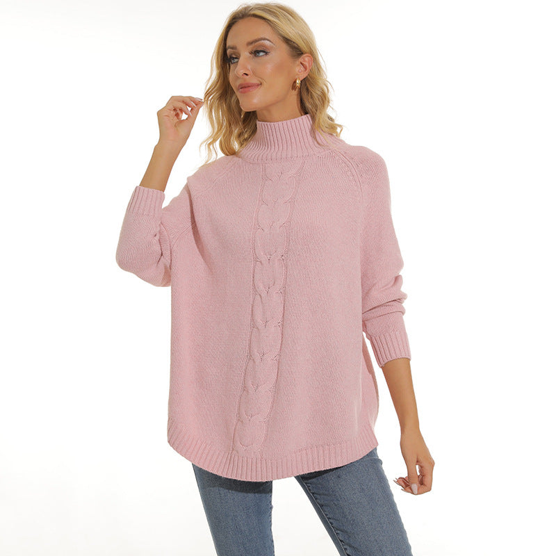Damen Grobstrickpullover mit hohem Kragen und modernem Zopfmuster Stilzeits