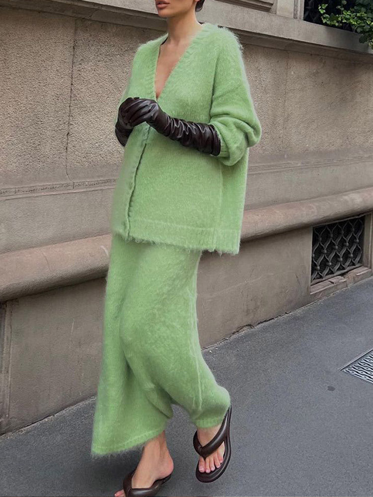 Damen kuschelige Strickjacke und Wadenlanger Rock Set Stilzeits