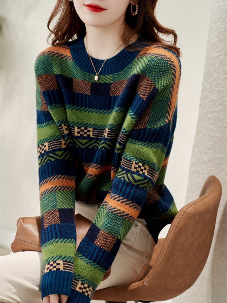 Damen Gemusterter Strickpullover mit Rundhalsausschnitt und weich-flauschiger Textur Stilzeits