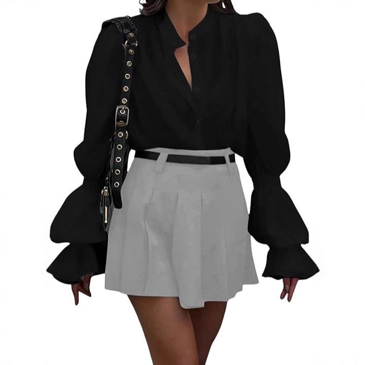 Damen Bluse mit eleganten Puffärmeln und zeitlosem Stehkragen Stilzeits