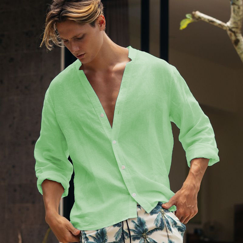 Herren lässige Leinenbluse mit durchgehendem Knopfverschluss Stilzeits