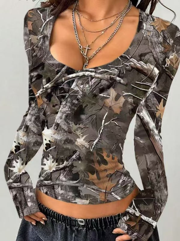Damen Camouflage Langarmshirt mit V-Ausschnitt und modernen Details Stilzeits