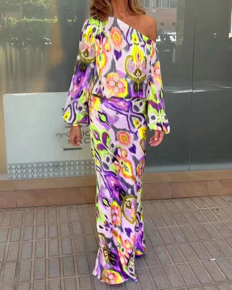 Damen Elegantes Maxikleid im grafischen Batikdesign mit Off-Shoulder-Ausschnitt und voluminösen Ärmeln Stilzeits