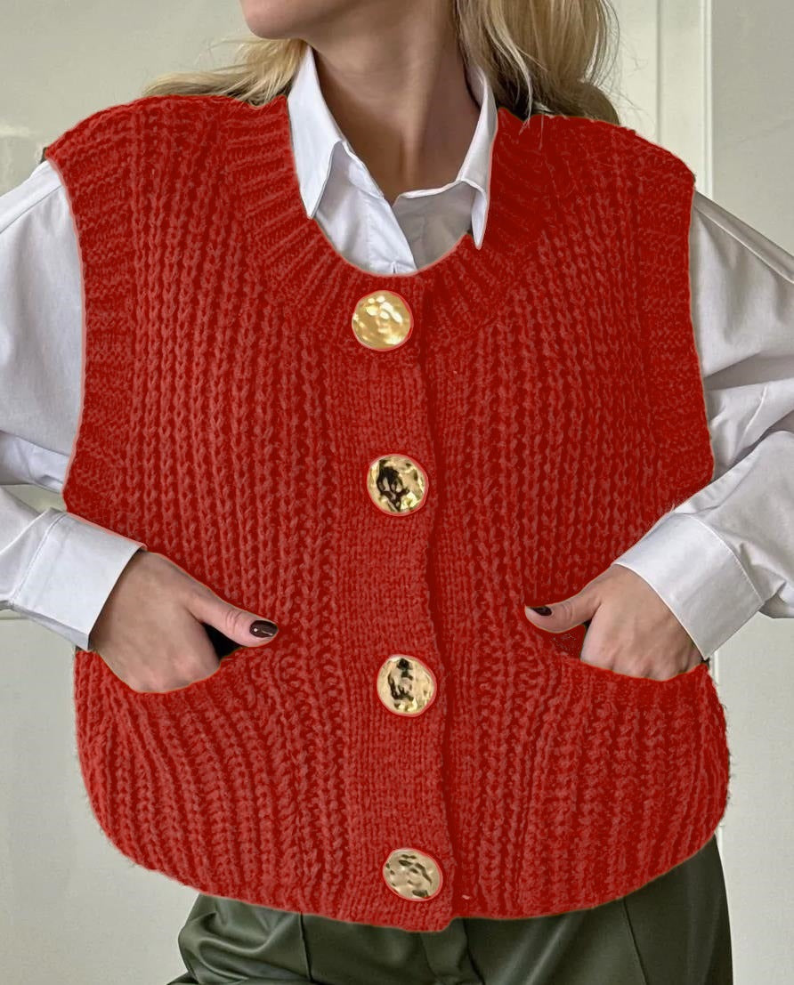 Damen gemütliche Strickweste mit großen Knöpfen und praktischen Taschen Stilzeits