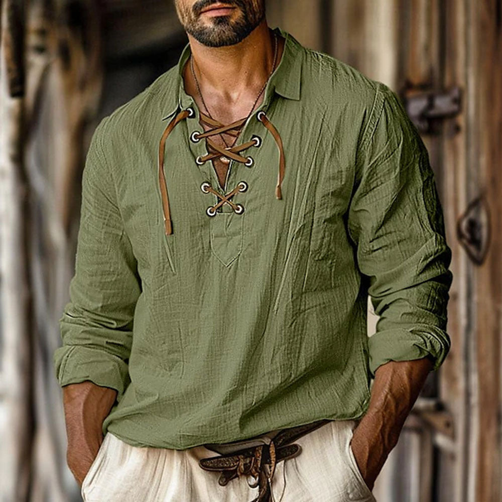 Herren lässiges Langarmhemd mit elegante Schnürung Stilzeits