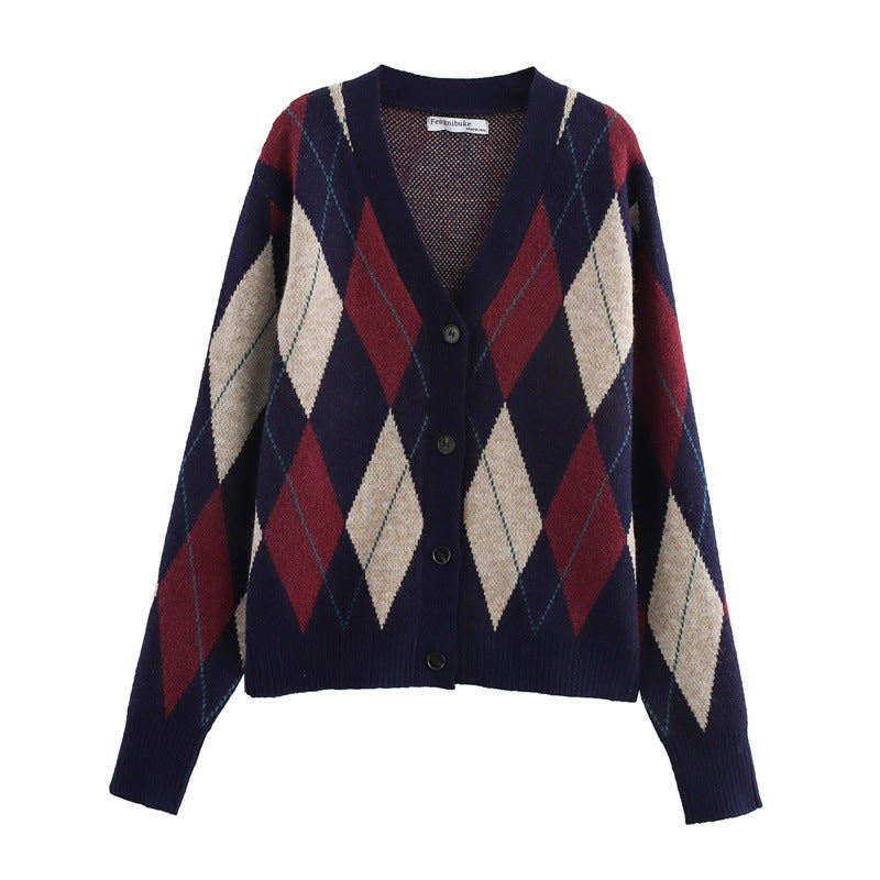 Damen gemusterte Strickjacke mit klassischen Karomotiven Stilzeits