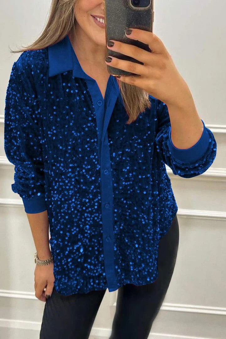 Damen Glitzernde Bluse aus Pailletten mit klassischem Kragen Stilzeits