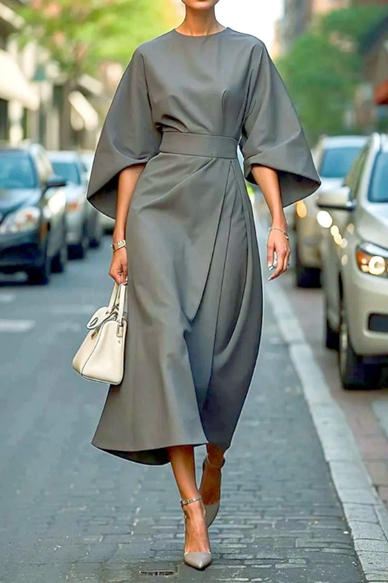 Damen Maxikleid mit eleganten Ballonärmeln und Taillengürtel Stilzeits