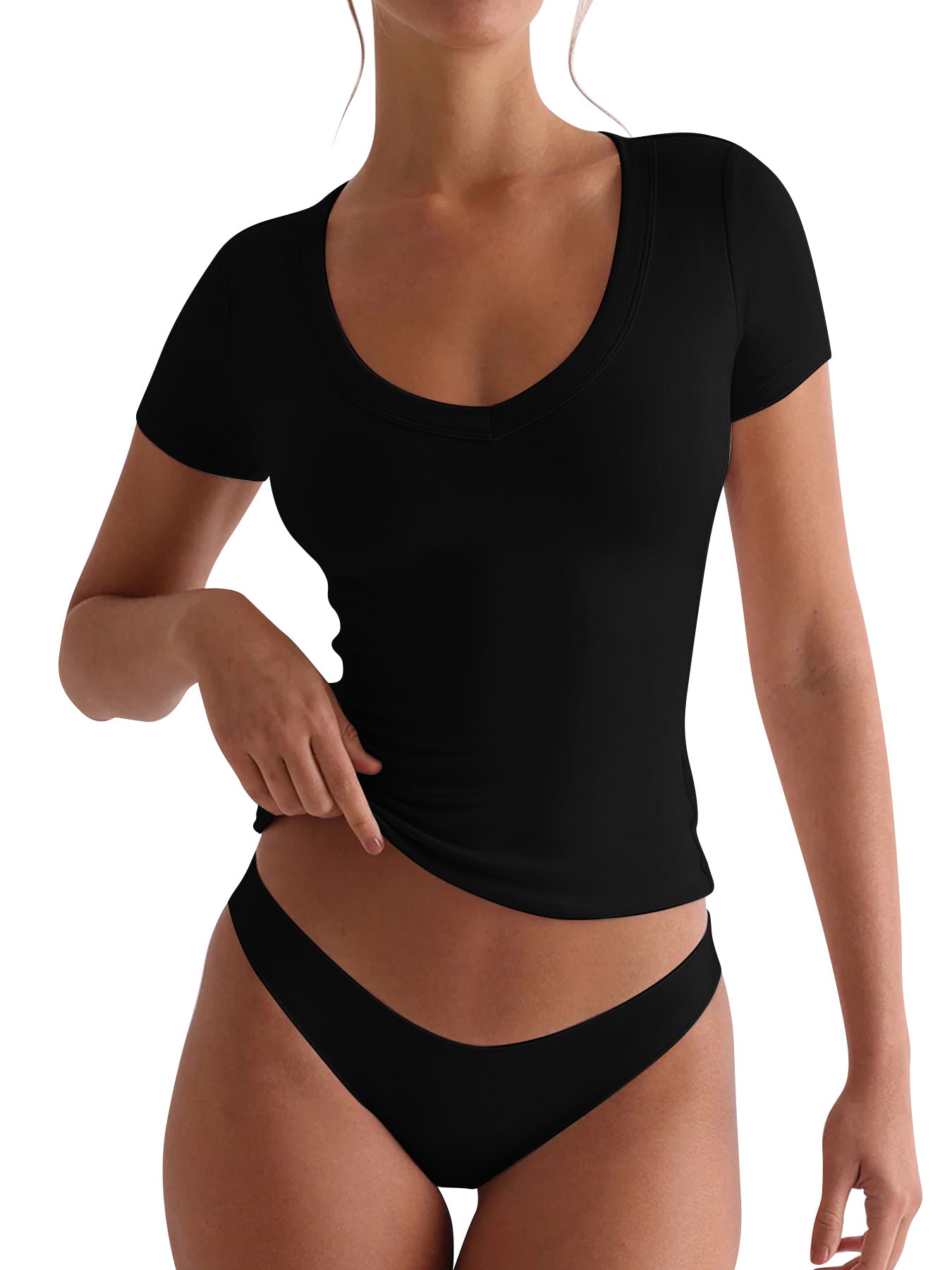 Damen figurbetontes V-Neck T-Shirt mit kurzen Ärmeln Stilzeits