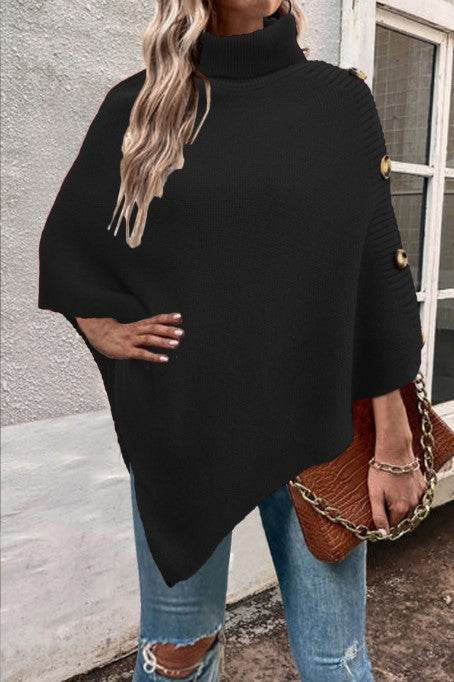 Damen Strick-Poncho mit hohem Kragen und Knopfdetails Stilzeits