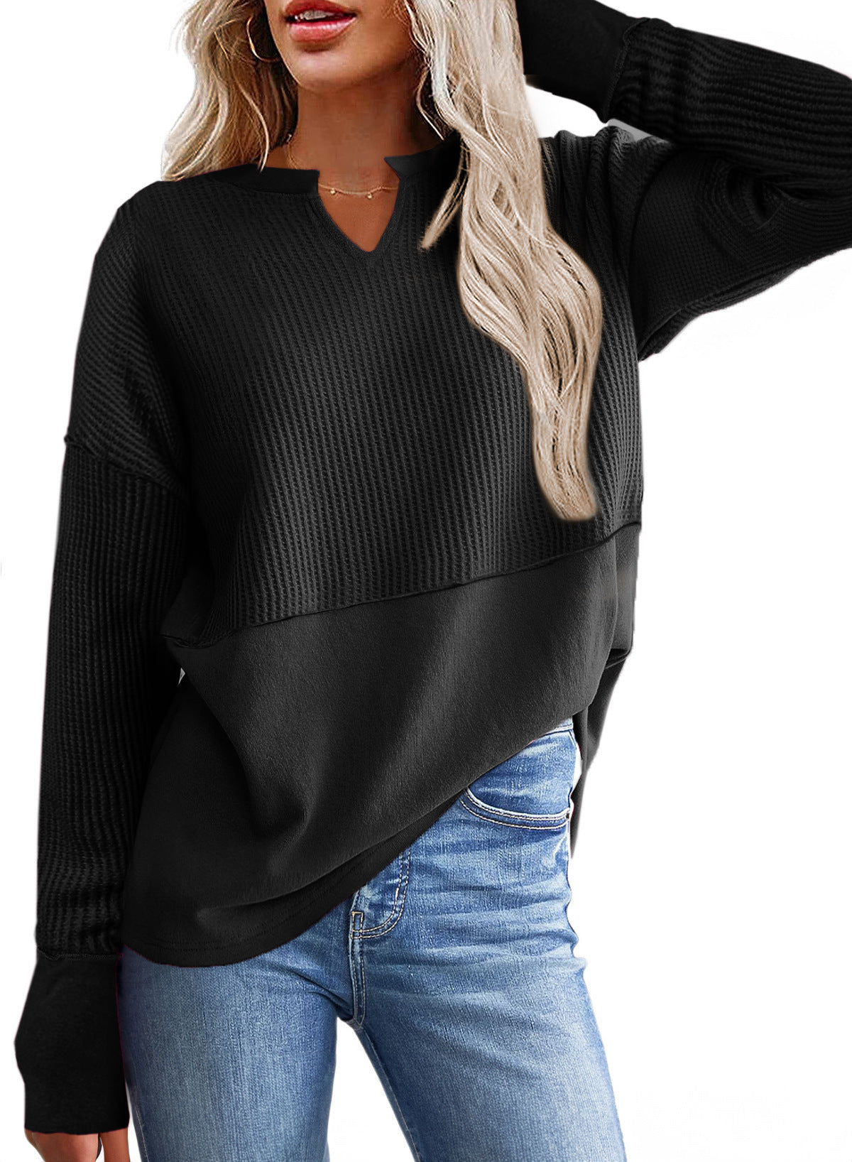 Damen lässiger Knit-Pullover mit V-Ausschnitt und Struktur Stilzeits