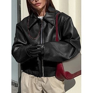 Damen Kunstlederjacke mit Oversized-Schnitt und klassischem Kragen Stilzeits