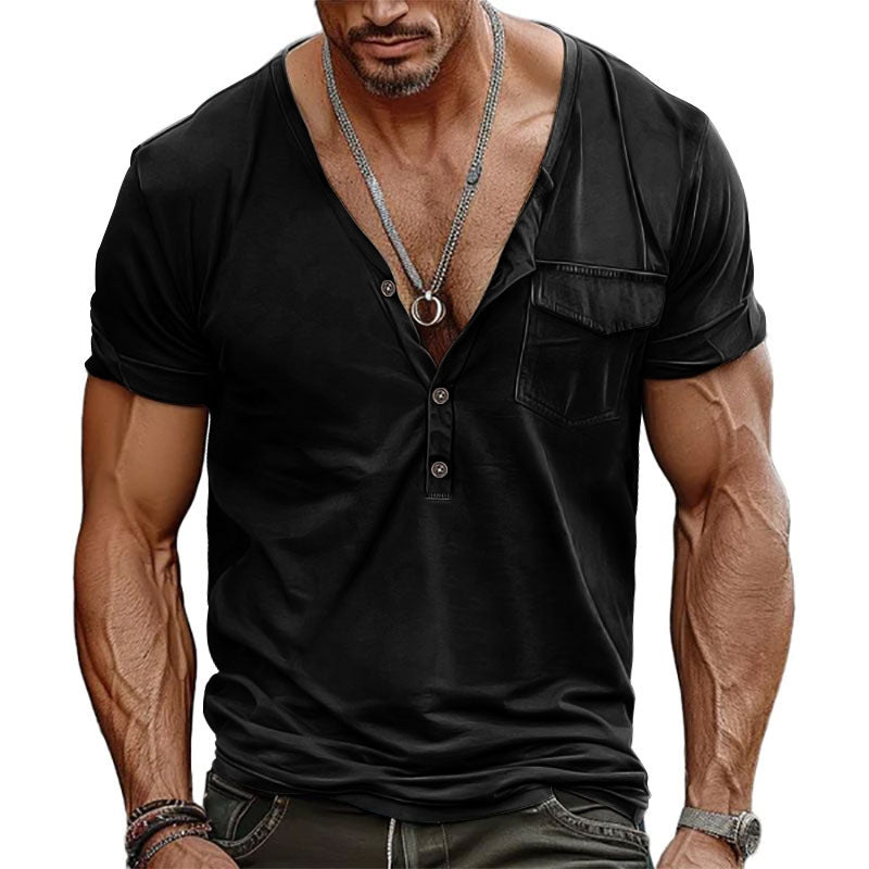 Herren Kurzarm-Henley-T-Shirt mit dekorativer Brusttasche und modernem Schnitt Stilzeits