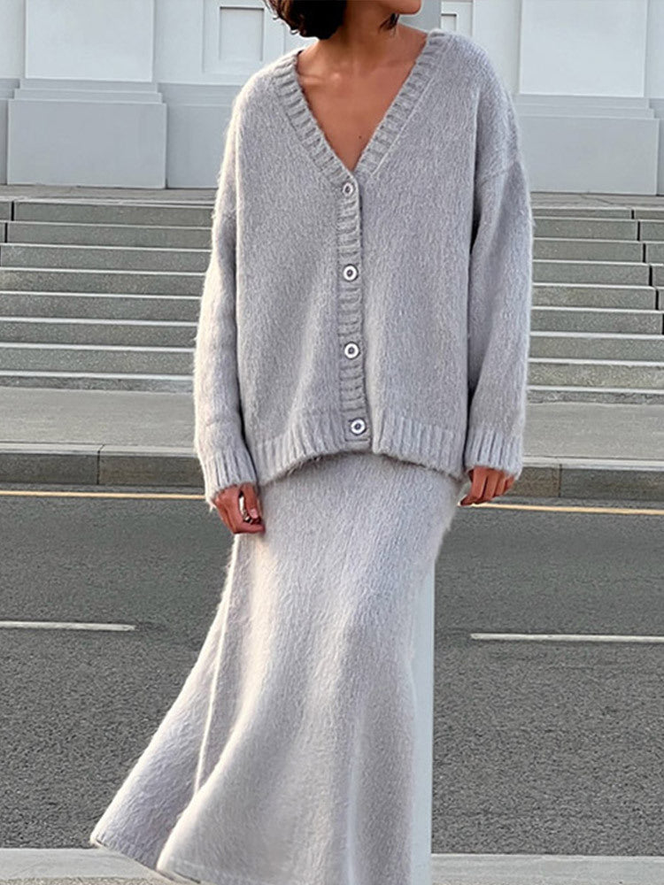 Damen kuschelige Strickjacke und Wadenlanger Rock Set Stilzeits