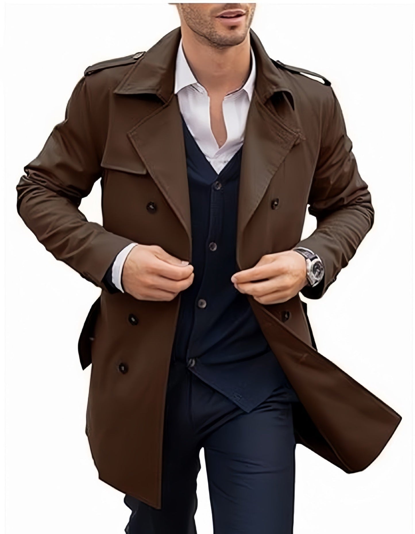 Herren eleganter Trenchcoat mit strukturiertem Design und doppelter Knopfleiste Stilzeits