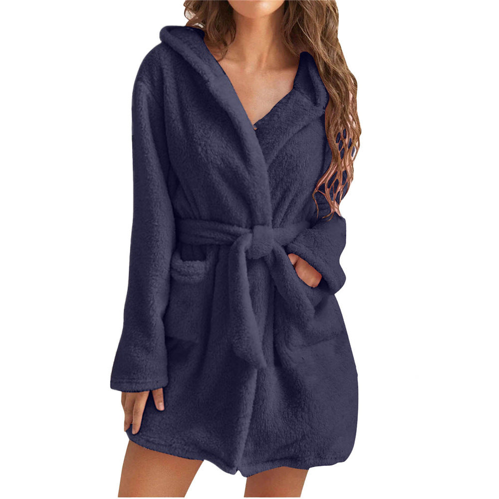 Damen Fleece Bademantel mit Kapuze und Gürtel Stilzeits