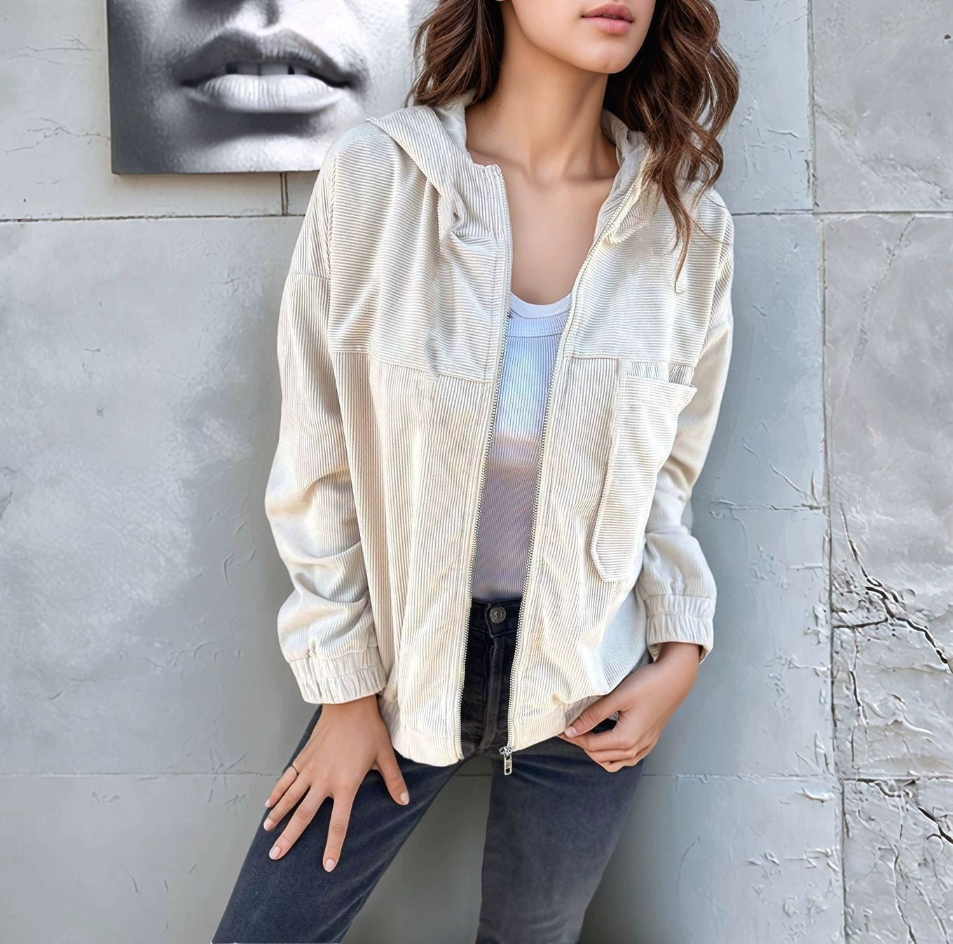 Damen lässige Cordjacke im modernen Stil mit Reißverschluss und praktischem Kragen Stilzeits