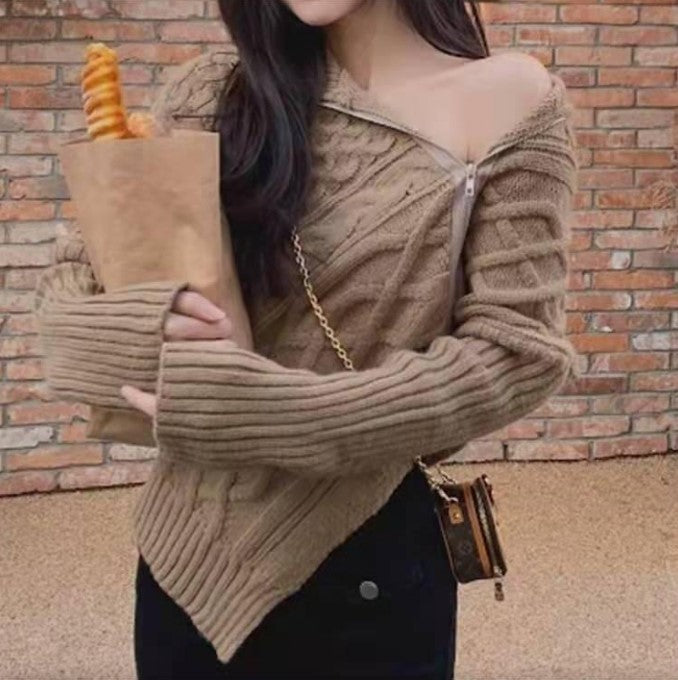 Damen hochwertiger Strickpullover mit hohem Kragen und asymmetrischem Design Stilzeits