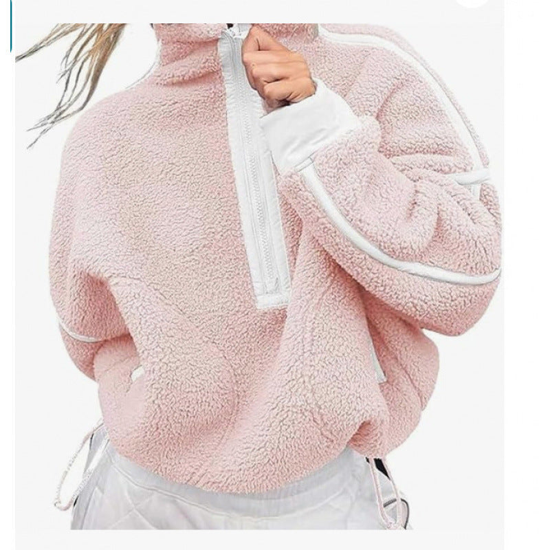 Damen Fleecpullover mit halbem Reißverschluss und kontrastierenden Ärmeln Stilzeits