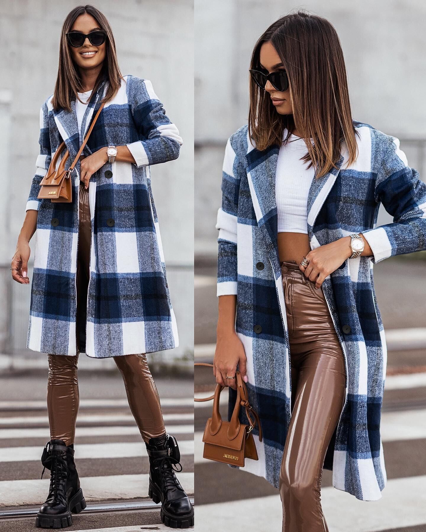 Damen Karierter Oversized-Wintermantel Stilzeits