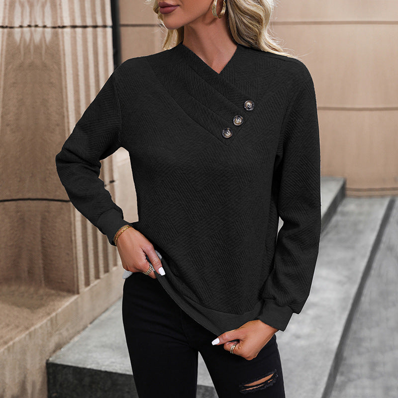 Damen eleganter Pullover mit asymmetrischem Ausschnitt und Knopfdetails Stilzeits
