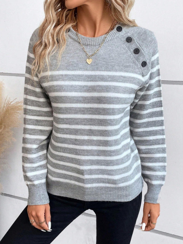 Damen gestreifter Pullover mit dekorativen Knopfdetails und Rundhalsausschnitt Stilzeits