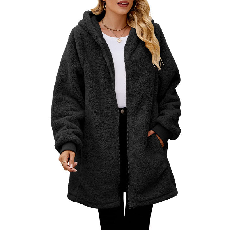Damen kuschelige Fleecejacke mit Kapuze und seitlichen Eingrifftaschen Stilzeits