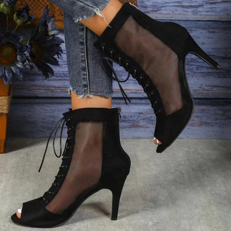 Damen Halboffene High Heel Stiefel mit transparentem Seiteneinsatz und Schnürung Stilzeits