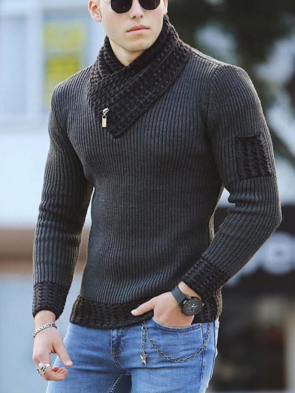 Herren Strickpullover mit hohem Kragen und strukturiertem Design Stilzeits