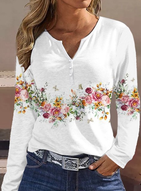 Damen Langarmshirt mit floralem Motiv und Knopfdetails Stilzeits