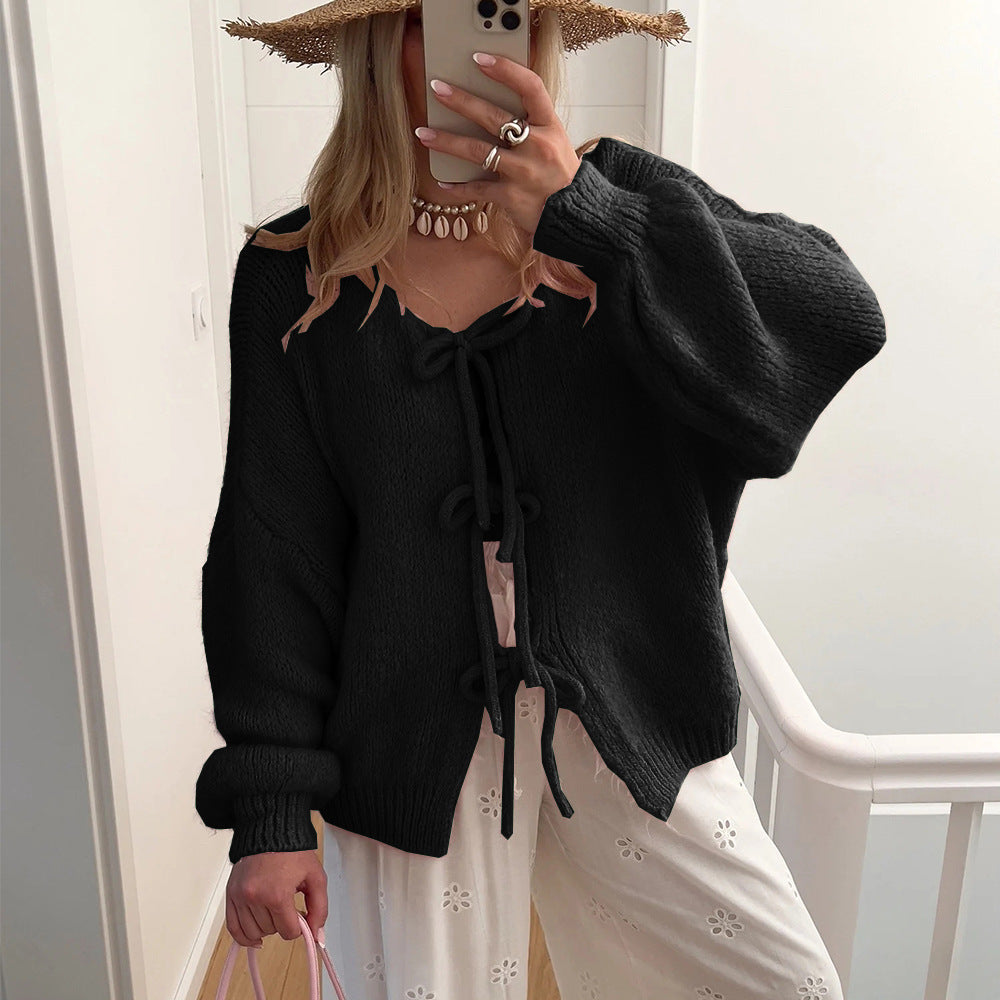 Damen Kuscheliger Strickcardigan mit dekorativen Bindebändern Stilzeits