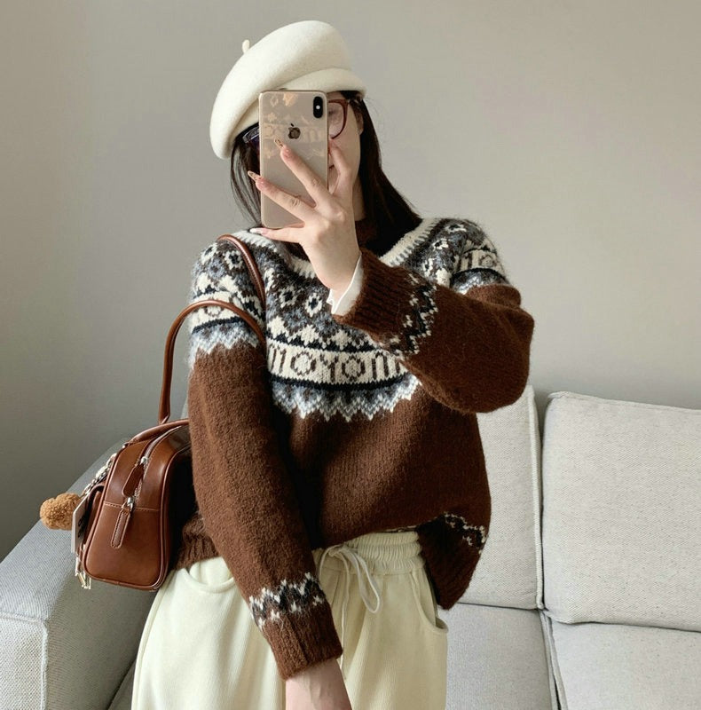 Damen Grobstrickpullover mit zeitgenössischen Norweger-Mustern Stilzeits