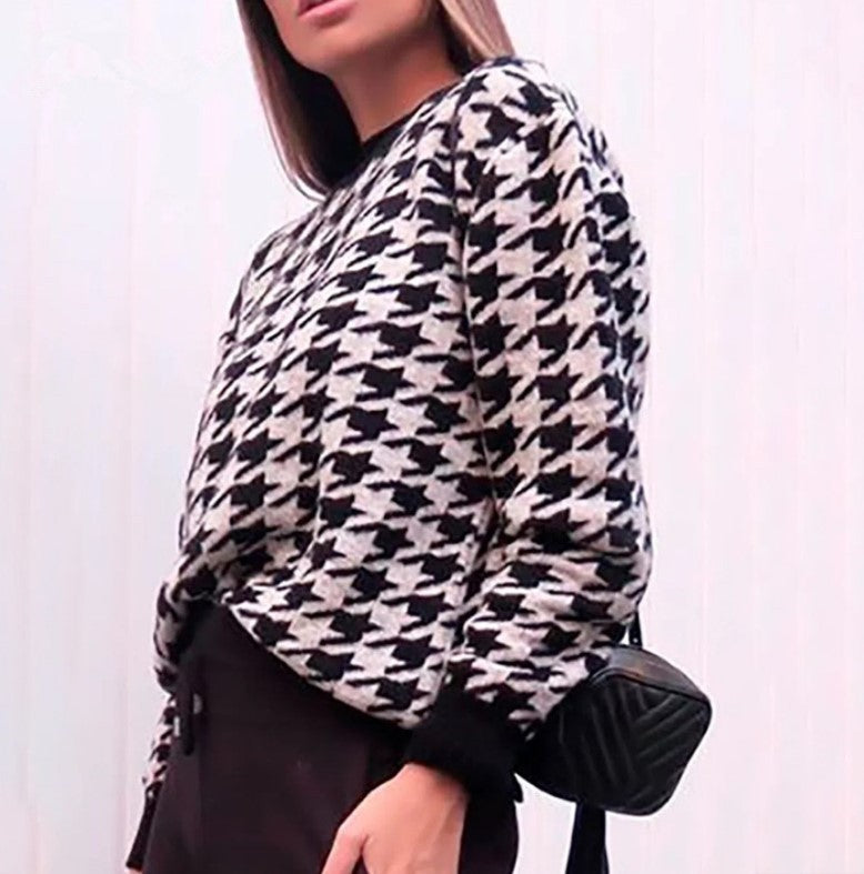 Damen Grobstrickpullover mit modernem Hahnentrittmuster und lässigem Schnitt Stilzeits