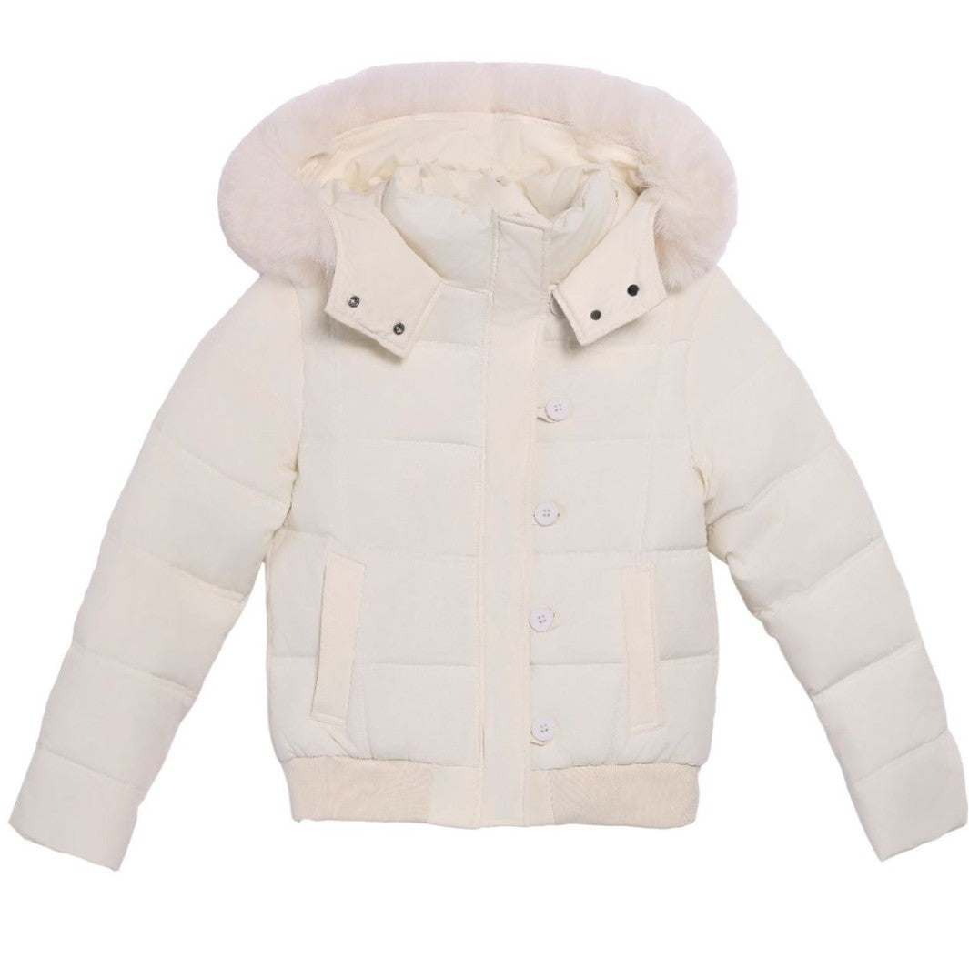 Damen Stylische Jacke mit abnehmbarem Kunstfellkragen und Knopfdetails Stilzeits