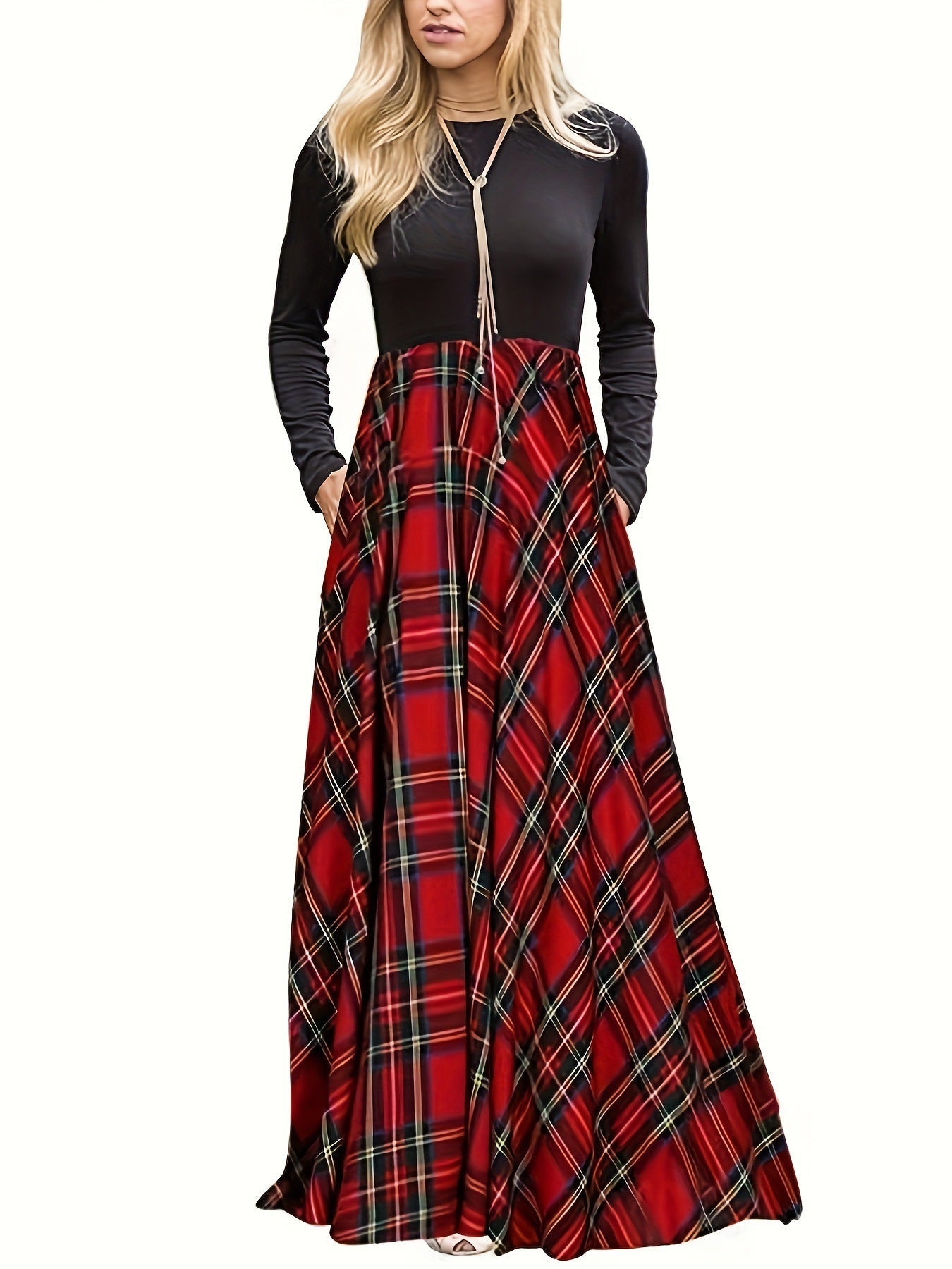 Damen Maxikleid mit modernem Karomuster und langen Ärmeln Stilzeits