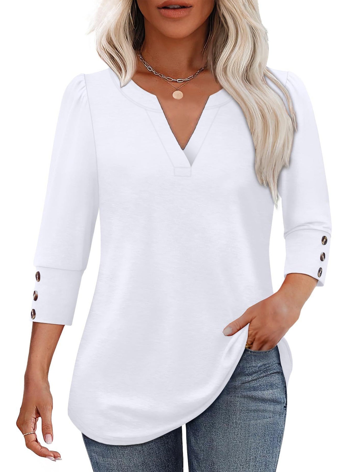 Damen V-Ausschnitt Bluse mit dekorativen Knopfdetails Stilzeits