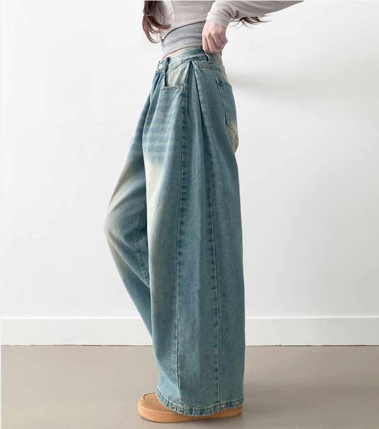 Damen Weite High-Waist Denim-Hose mit Faltenwurf Stilzeits