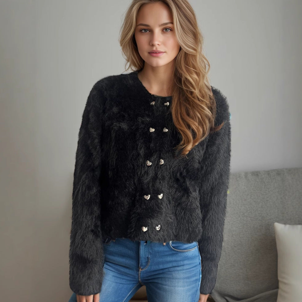 Damen flauschige Strickjacke mit herzförmigen Knöpfen und lockerer Passform Stilzeits