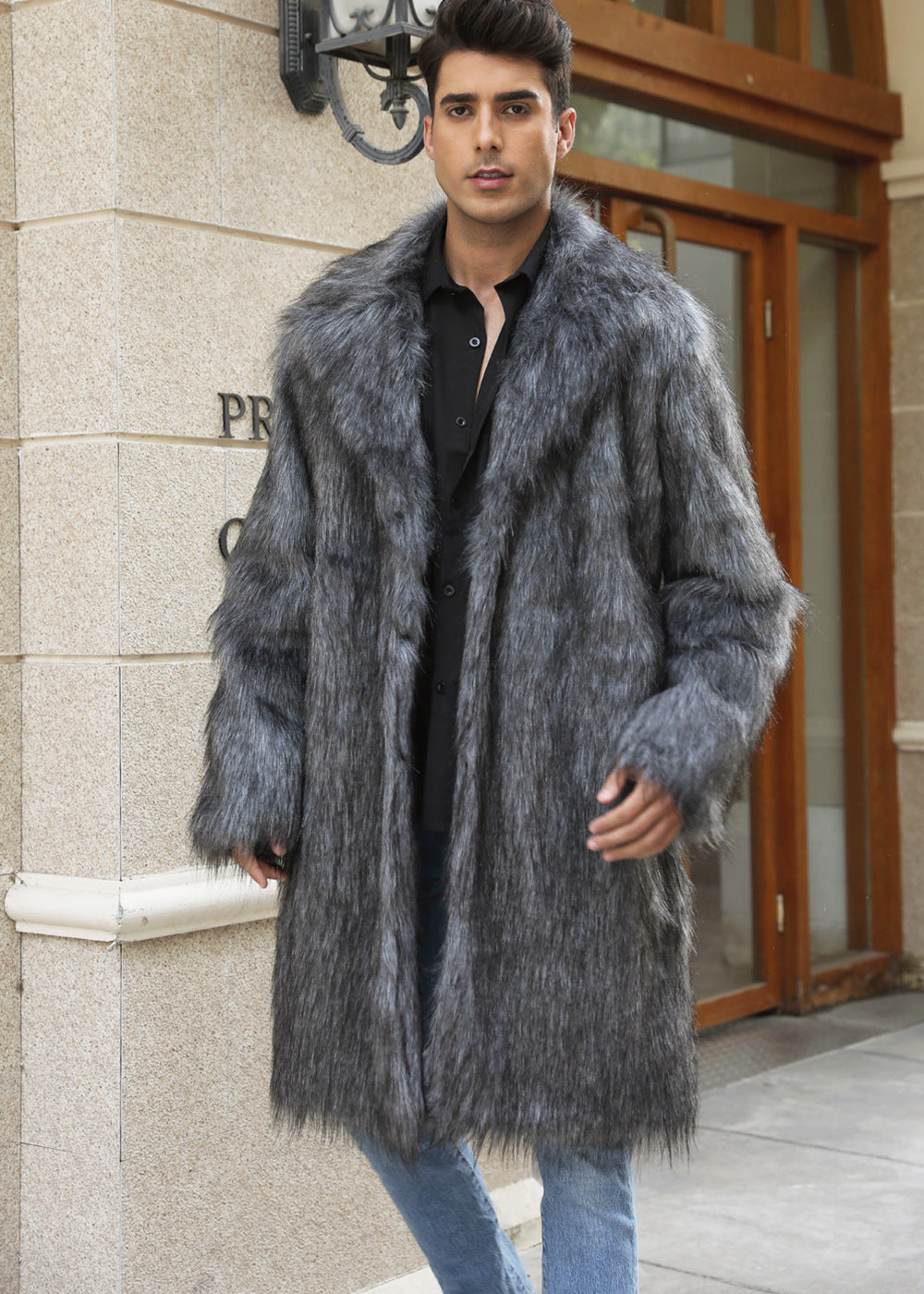 Herren Eleganter Kunstpelz-Mantel mit breitem Kragen und Relaxed Fit Stilzeits