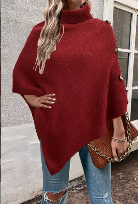 Damen Strick-Poncho mit hohem Kragen und Knopfdetails Stilzeits