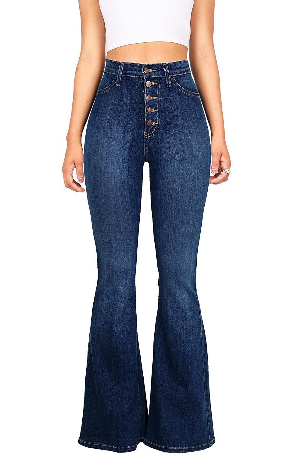 Damen Flared Jeans mit hohem Bund und dekorativer Knopfleiste Stilzeits