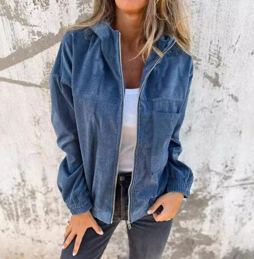 Damen lässige Cordjacke mit praktischen Taschen und elegantem Reißverschluss Stilzeits